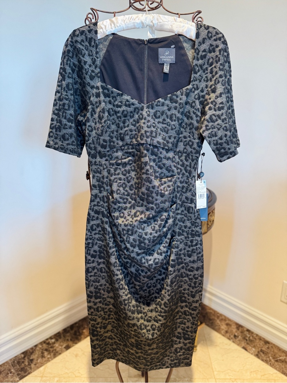 Adrianna Papell Black and Gray Leopard-Print Midi Dress
